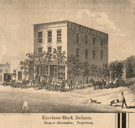 Excelsior Block, Ross & Alexander, Proprietors - Buchanan, Berrien 1860