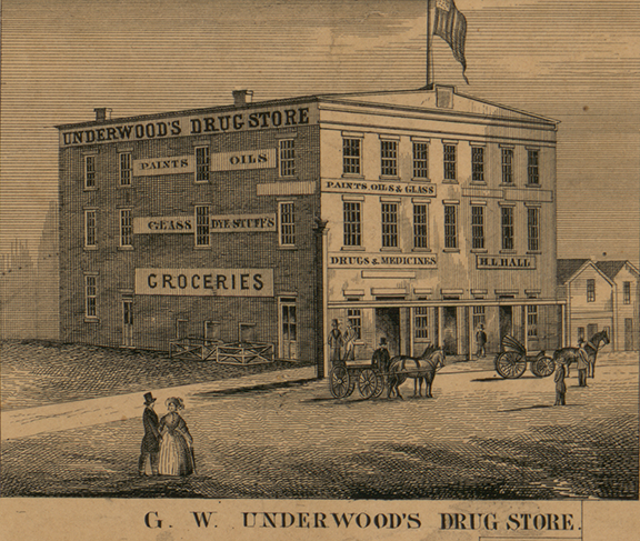 G.W. Underwood's Drug Store, Fayette, Hillsdale 1857