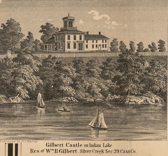 Gilbert Castle on Indian Lake, Residence of Wm. B. Gilert, Section 29, Silver Creek, Cass 1860