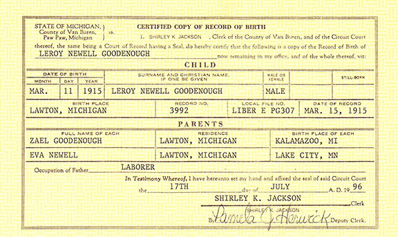 Birth Certificate, LeRoy Newell Goodenough - Lawton, Van Buren 1915