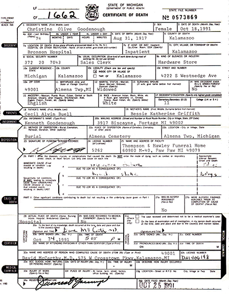 Death Certificate, Christine Olive (Buell) Goodenough - Kalamazoo 1991