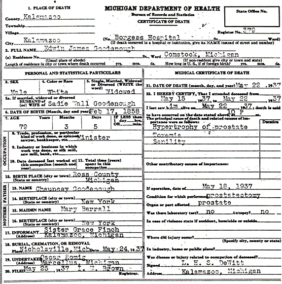 Death Certificate, Edwin James Goodenough - Comstock, Kalamazoo 1937
