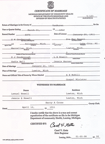 Marriage Certificate, Zael Wall Goodenough & Eva May Newell - Lawton, Van Buren 1911